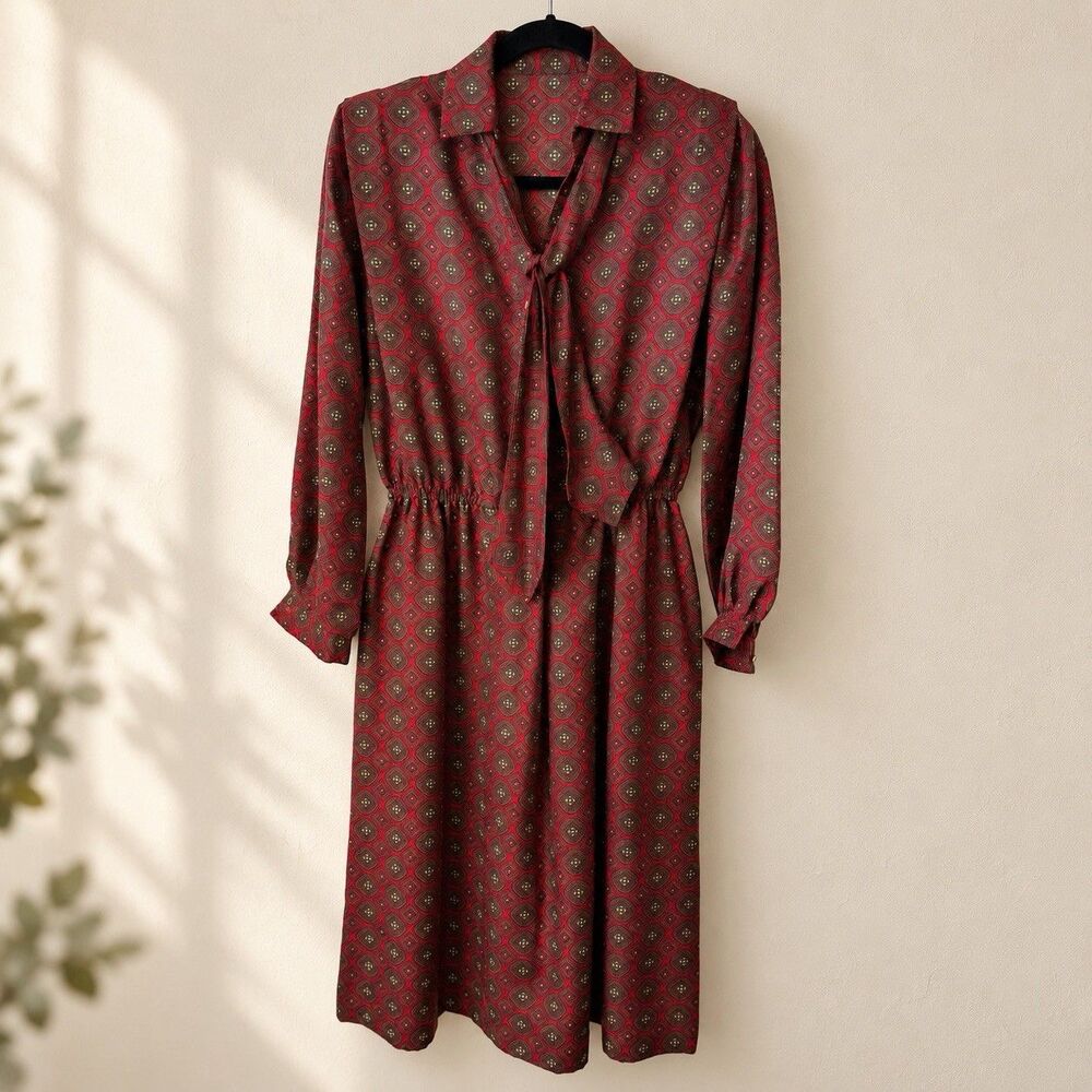 Vintage Schrader Petite Sport I Magnin Dress Sz 10 Red Geometric ILGWU USA Midi